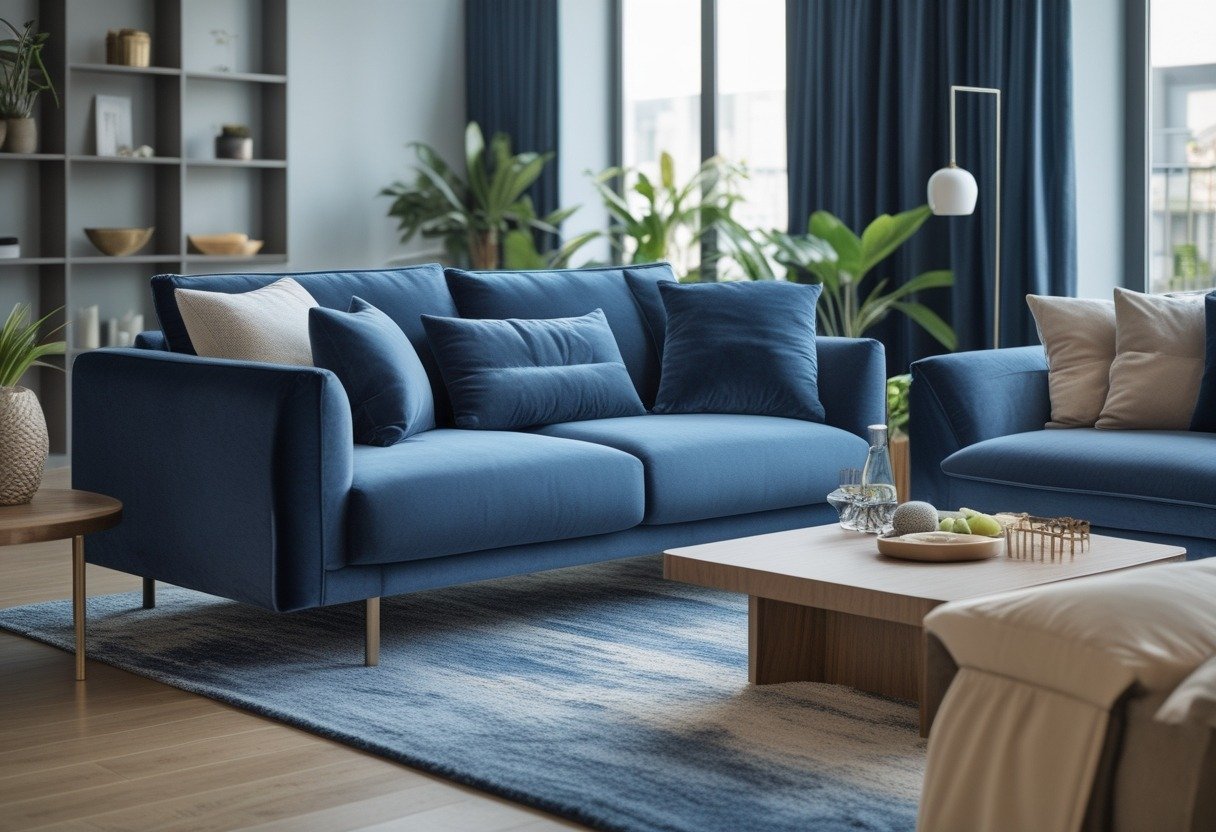 A living room with a blue couch surrounded by a coffee table, throw pillows, a rug, shelves with decor, and indoor plants.