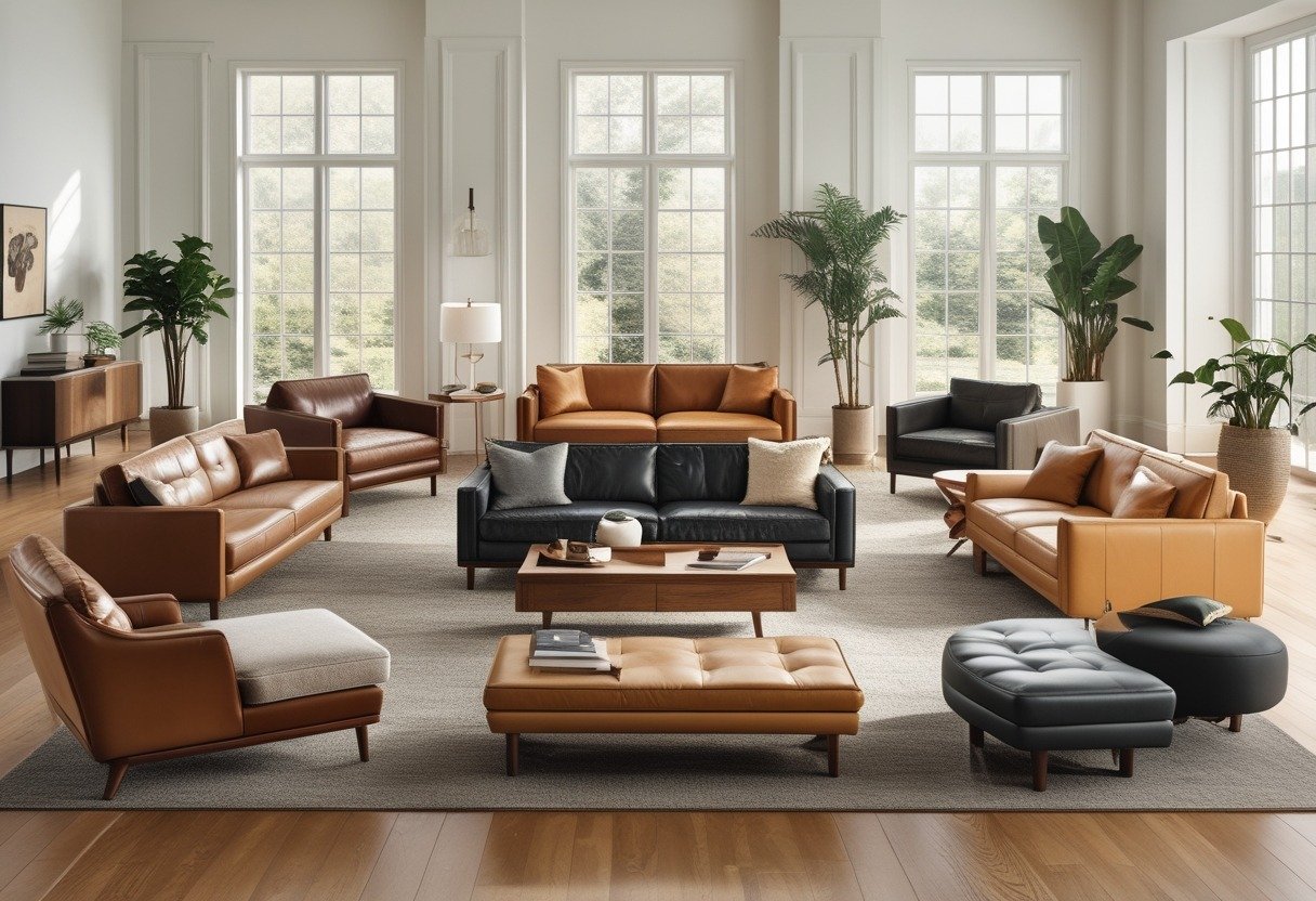 A living room with multiple leather couches in different styles and colors arranged with coffee tables, plants, and large windows letting in natural light.