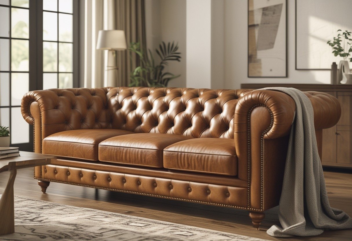 A leather sofa in a living room with a coffee table, plants, and soft natural lighting.
