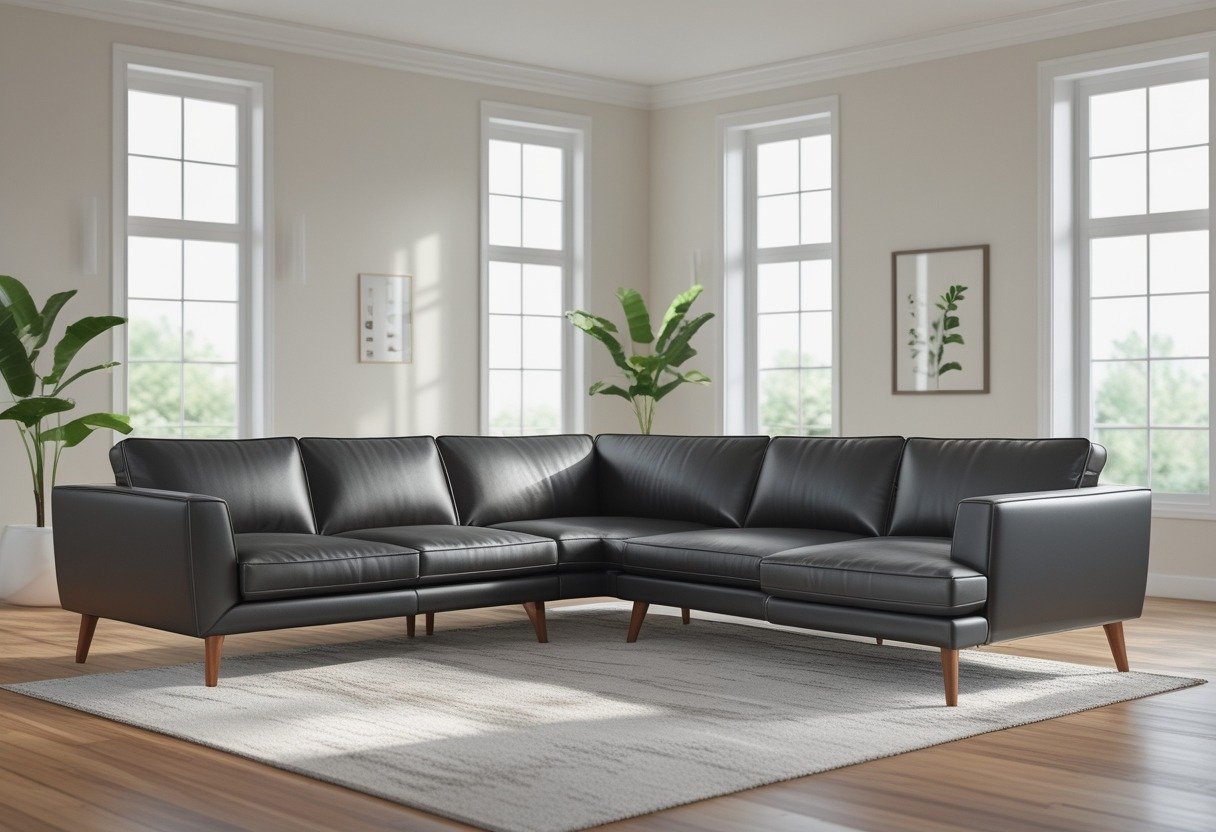 A living room with a black leather sectional sofa, wooden legs, a coffee table, plants, and large windows letting in natural light.