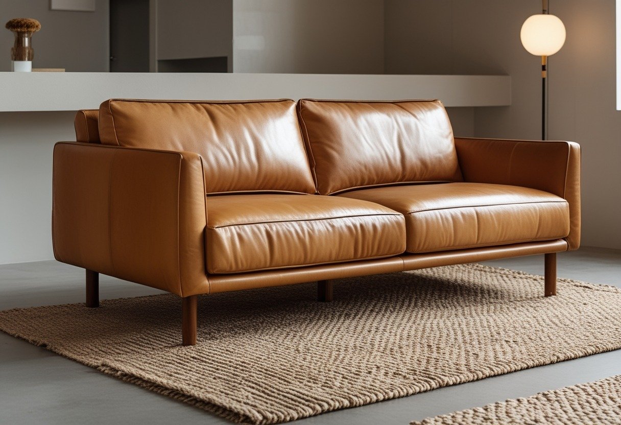 A warm tan leather sofa with a woven jute rug in a living room.