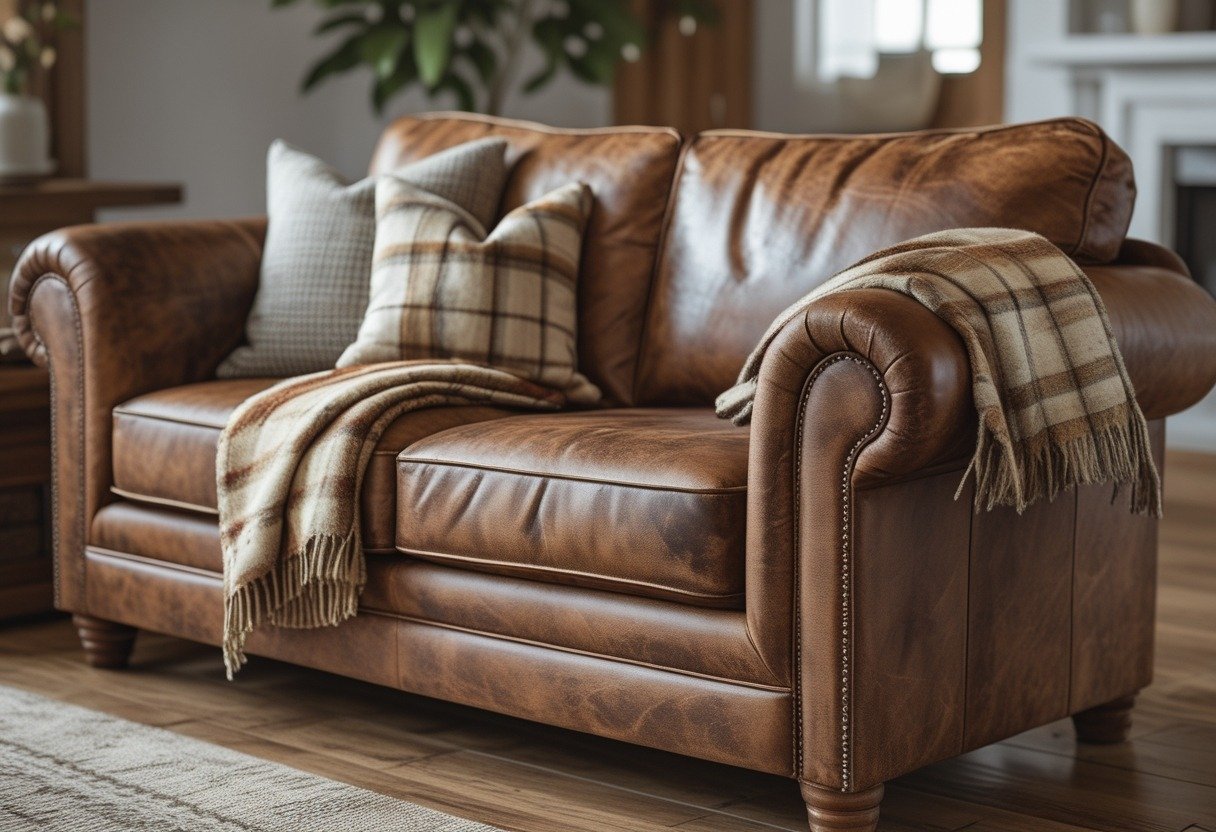 A brown leather sofa with a plaid wool throw draped over the arm in a living room.