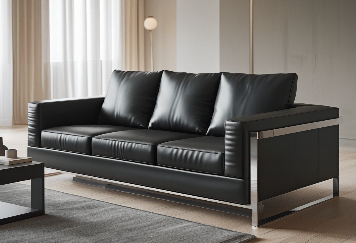 A black leather sofa with a chrome frame in a modern living room with natural light and minimal decor.