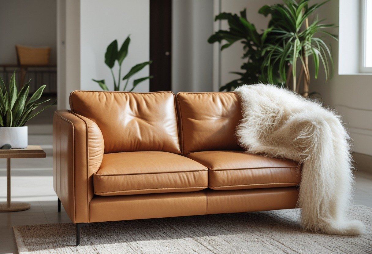 Camel-colored leather sofa with a white sheepskin draped over one arm in a living room.