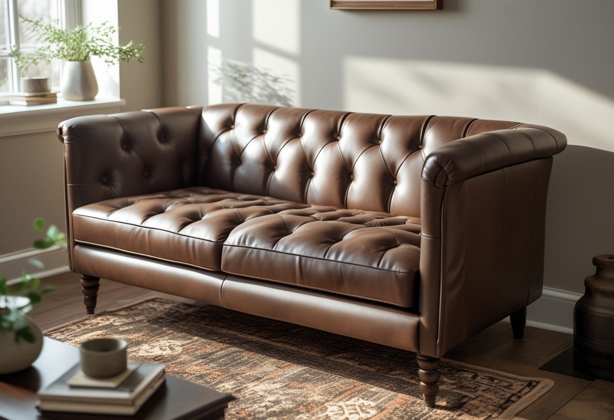 A dark brown tufted leather loveseat in a small living room with a wooden coffee table, a vase with greenery, and soft natural light.
