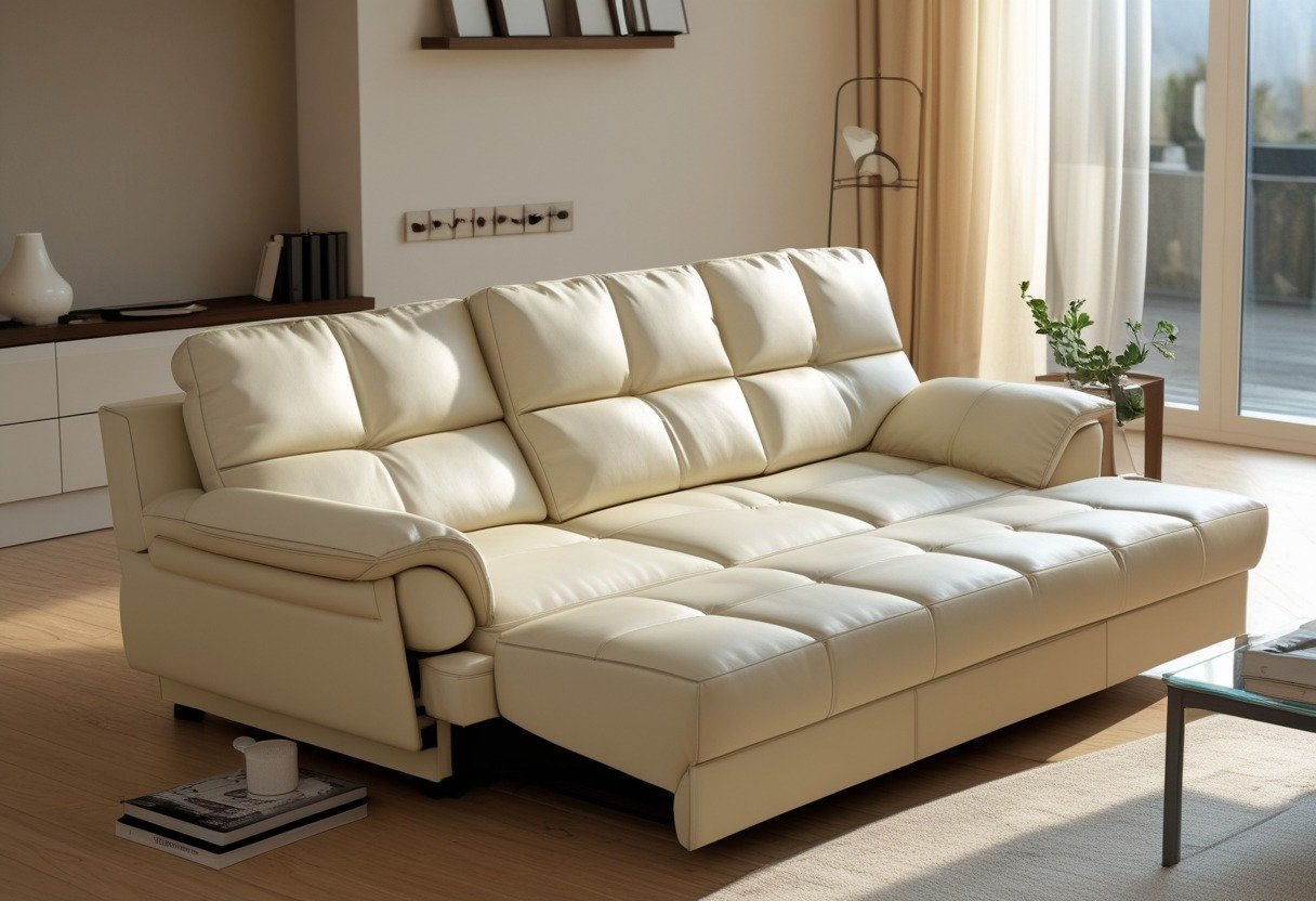 A cream leather convertible sofa bed in a living room with wooden floors and large windows.