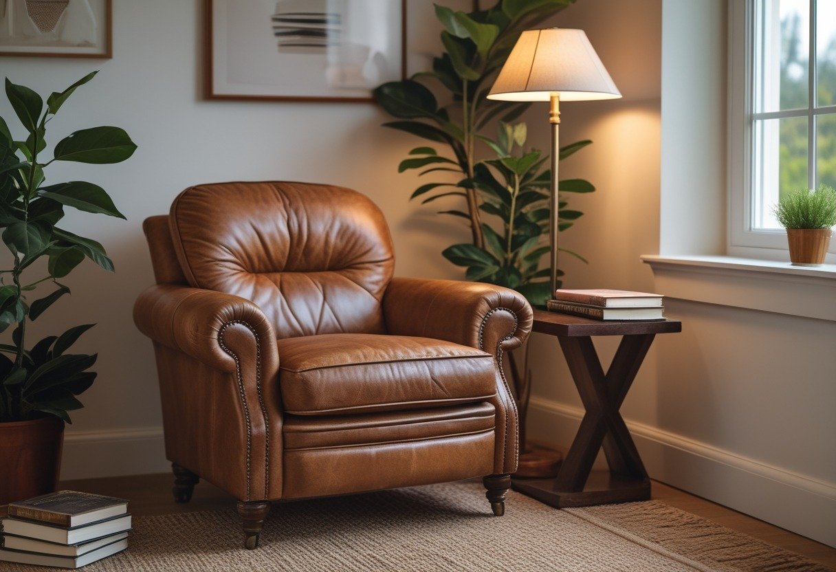 A cozy reading nook with a cognac leather club chair, a small wooden side table with books and a lamp, and a leafy plant near a window.