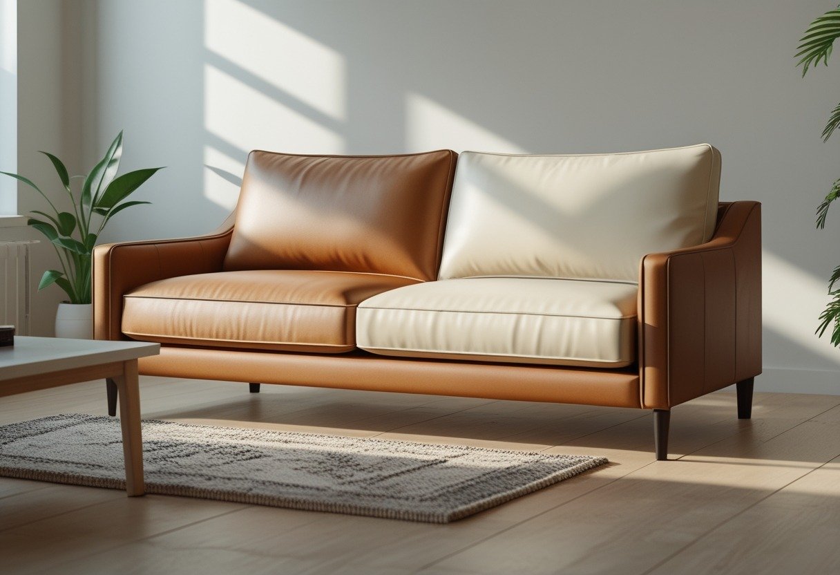 Living room with a two-tone leather sofa featuring a cream seat and walnut-brown back, a wooden coffee table, and plants.