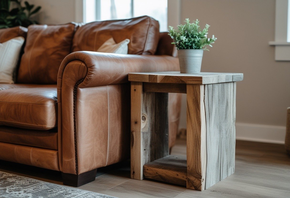 A living room with a brown leather sofa and a wooden side table attached to it.
