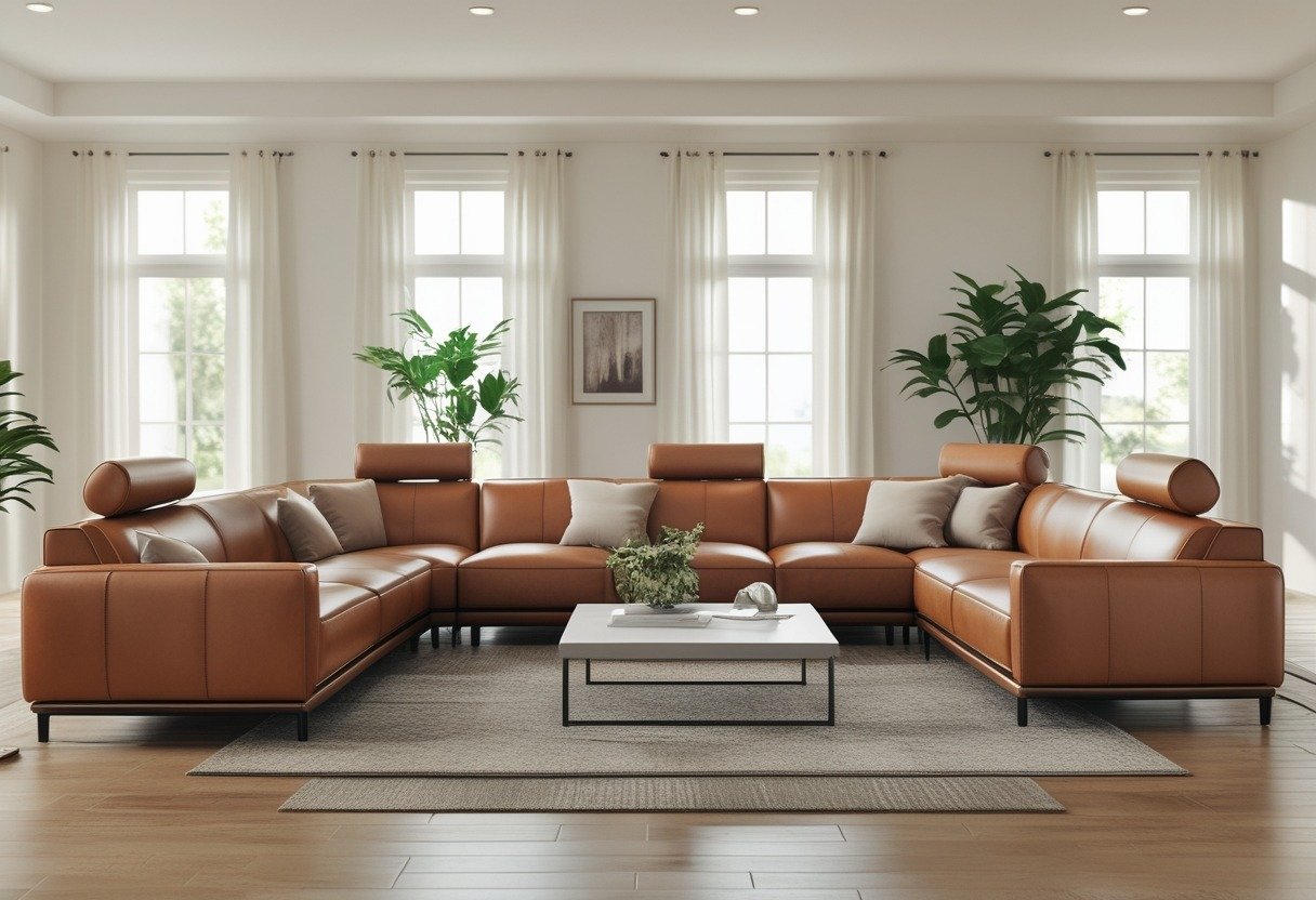 A family living room with a large leather sectional sofa with adjustable headrests, a coffee table, and natural light coming through the windows.