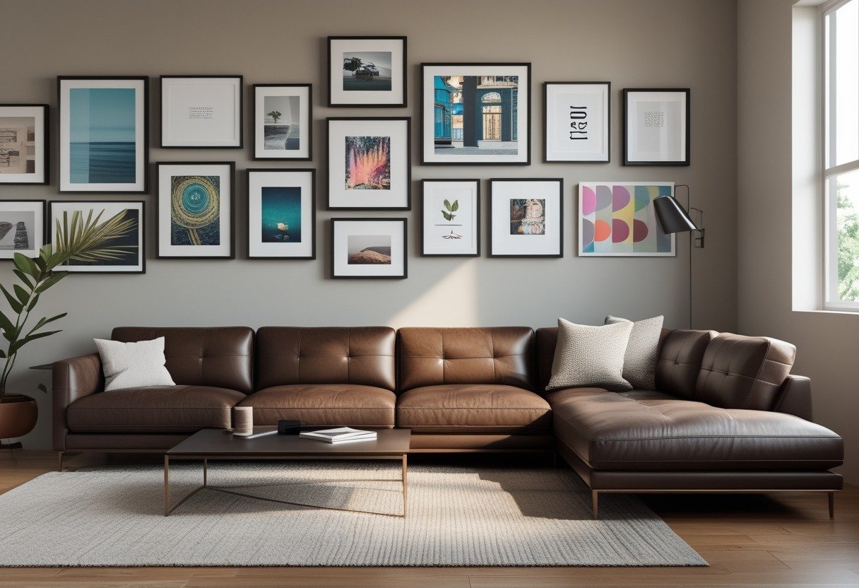 Living room with a dark brown leather couch and a gallery wall of framed artwork above it.