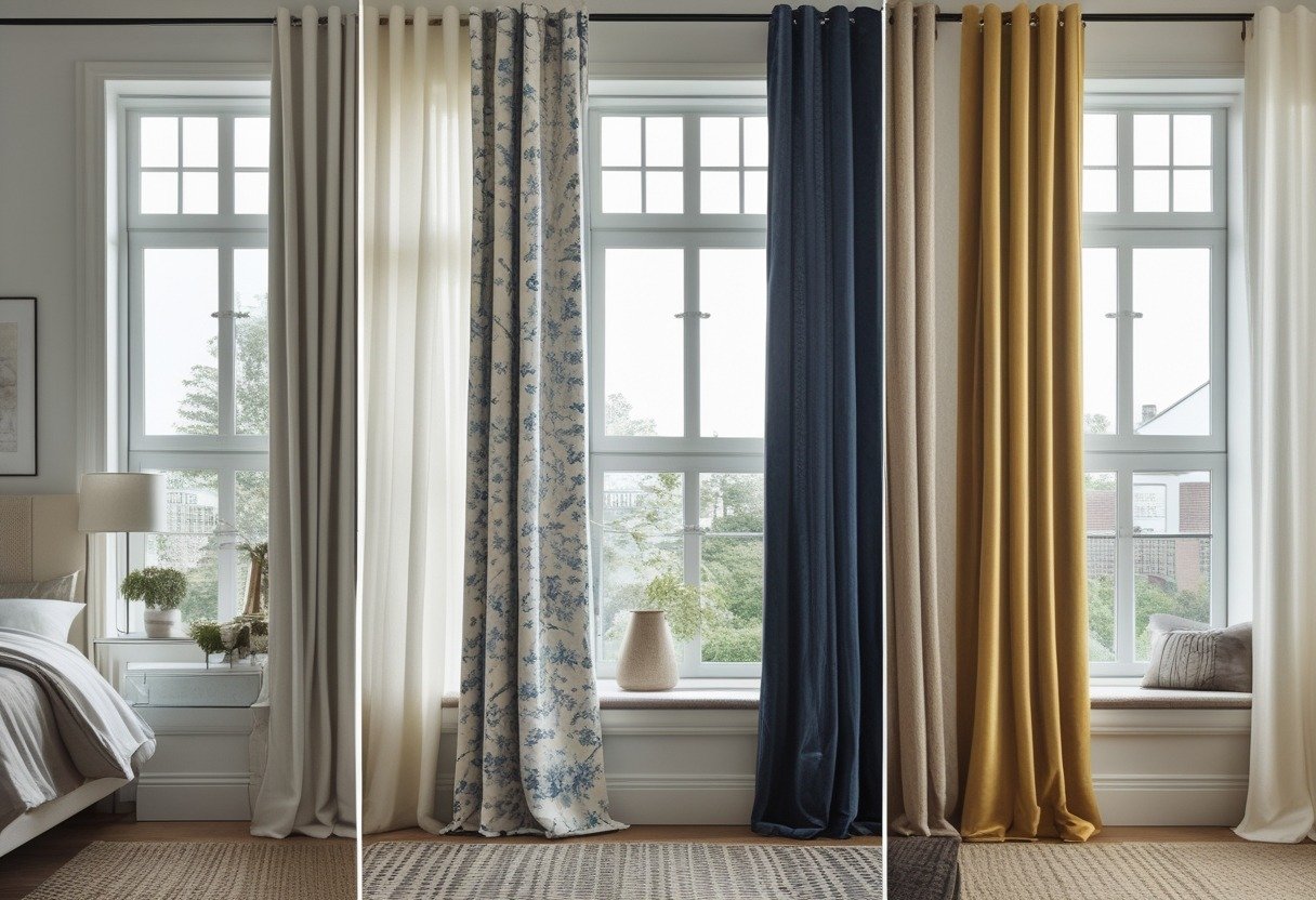 A bedroom window displaying ten different styles of curtains in various colors and fabrics, with a cozy bed and soft natural light filling the room.