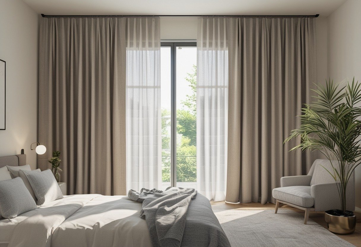 A bedroom with floor-to-ceiling blackout linen curtains covering a large window, a bed, and bedside furniture.
