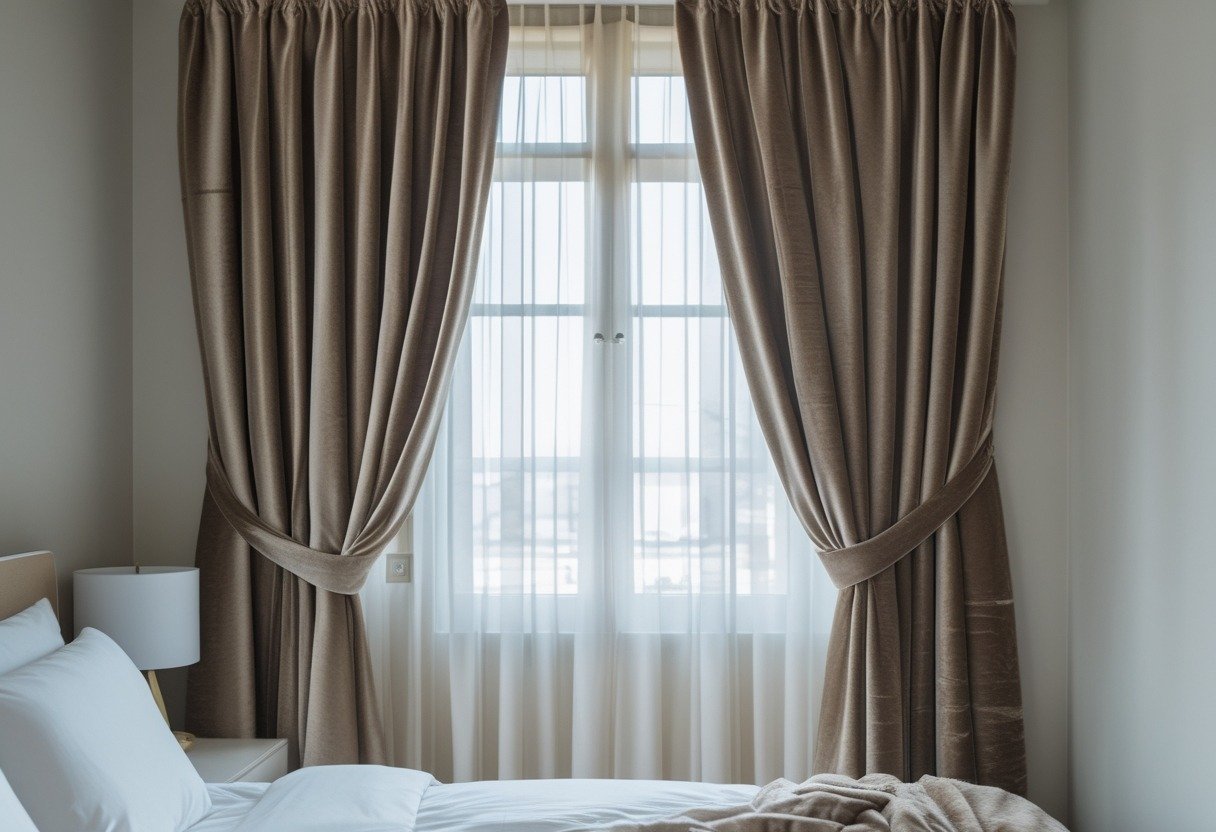 A bedroom window with layered curtains including sheer voile panels and heavyweight velvet drapes.