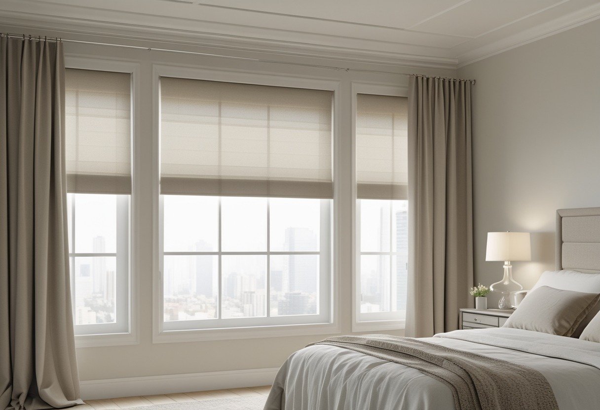 A bedroom with a large window covered by motorized blackout roller shades and side curtains, with a bed and bedside table nearby.