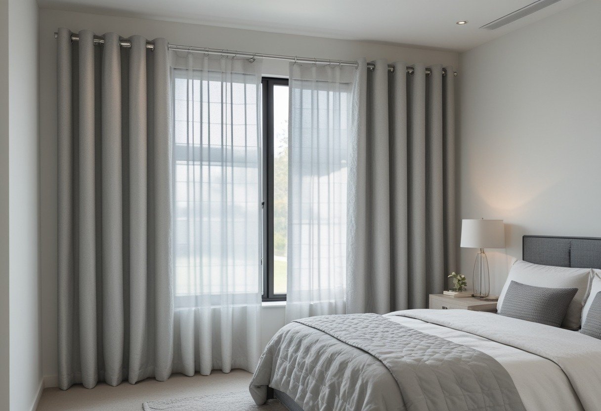 A bedroom window with thick insulated grommet-top curtains hanging, showing a cozy room with a bed and bedside table.