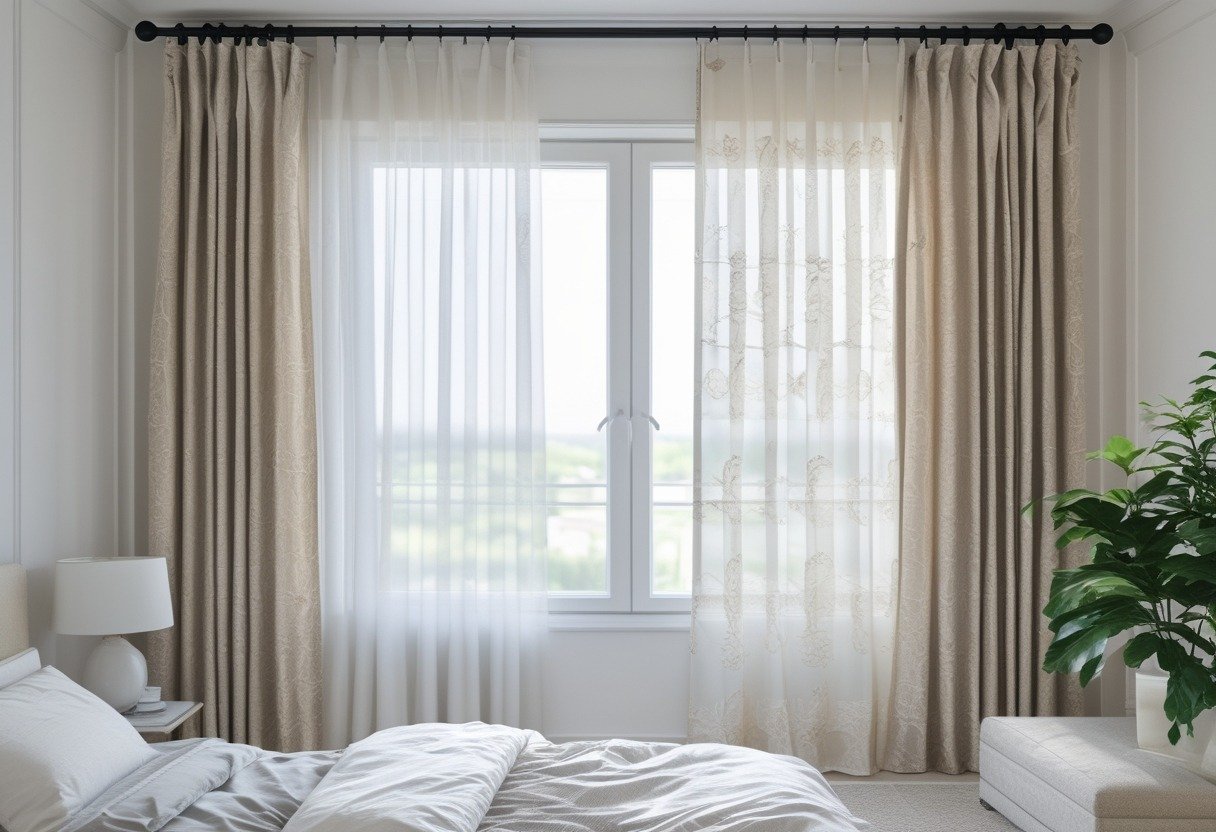 Bedroom window with sheer white curtains and patterned outer curtains, with a bed and bedside table nearby.