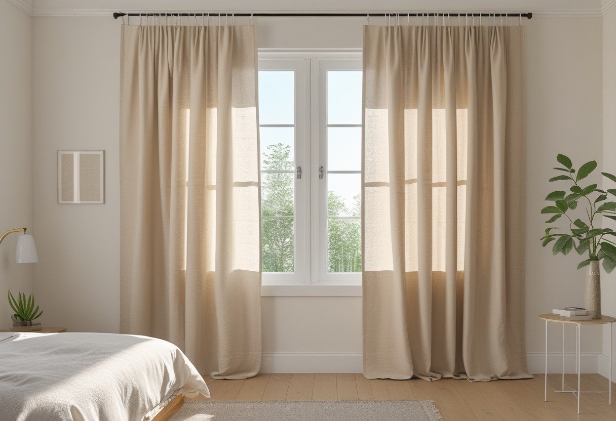 A bedroom with linen tab-top curtains in soft neutral colors hanging over a window with sunlight coming through.
