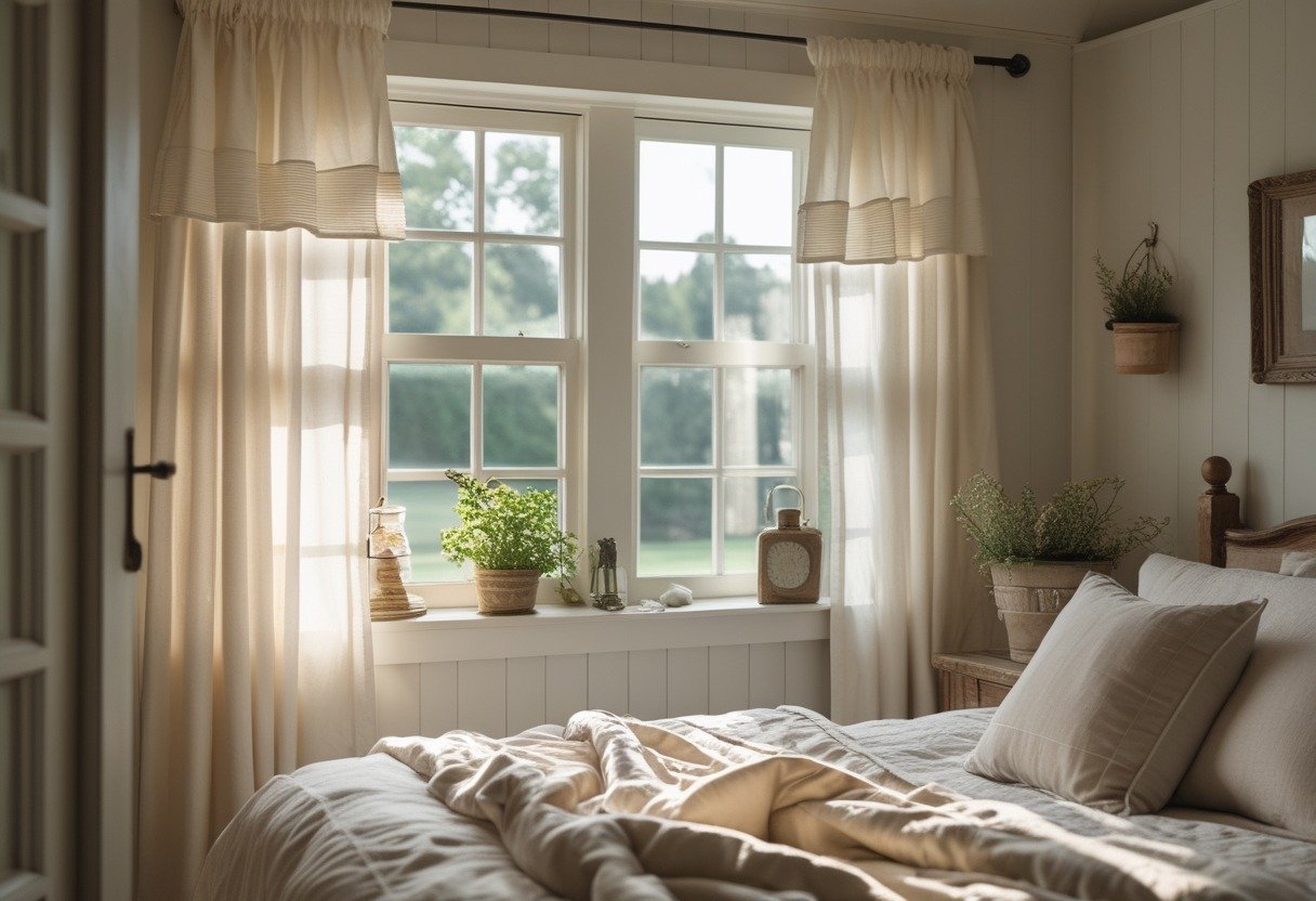 A cozy bedroom with a window featuring cafe curtains on the lower sash letting in natural light.