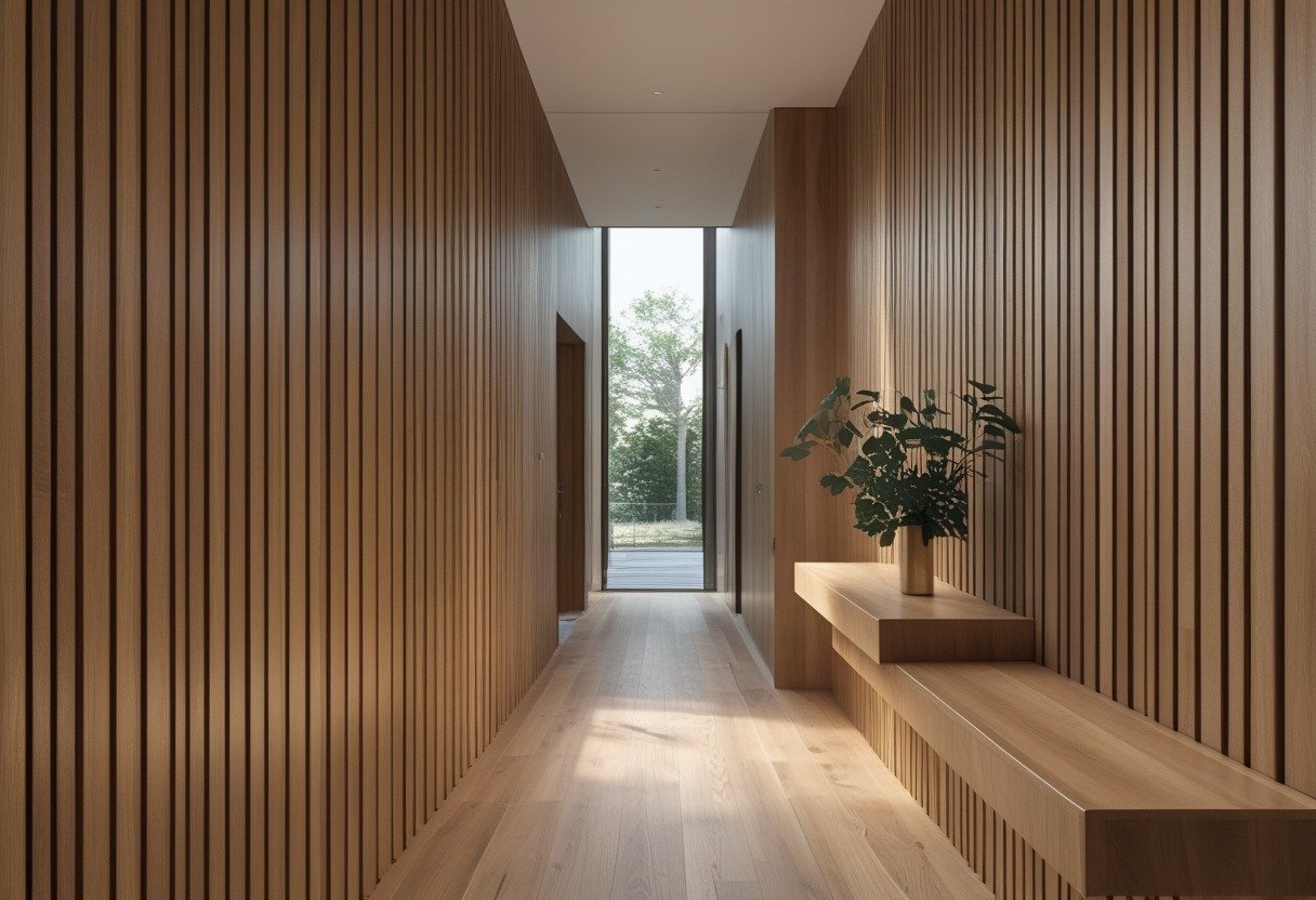 A bright hallway with vertical wooden slat panelling on the walls and a console table with a plant.