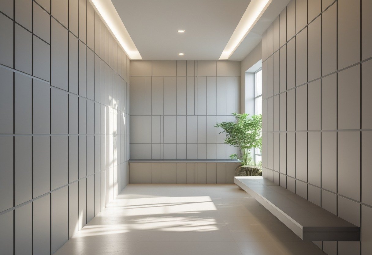 A well-lit hallway with clean, geometric recessed panels on the walls and minimal furniture.