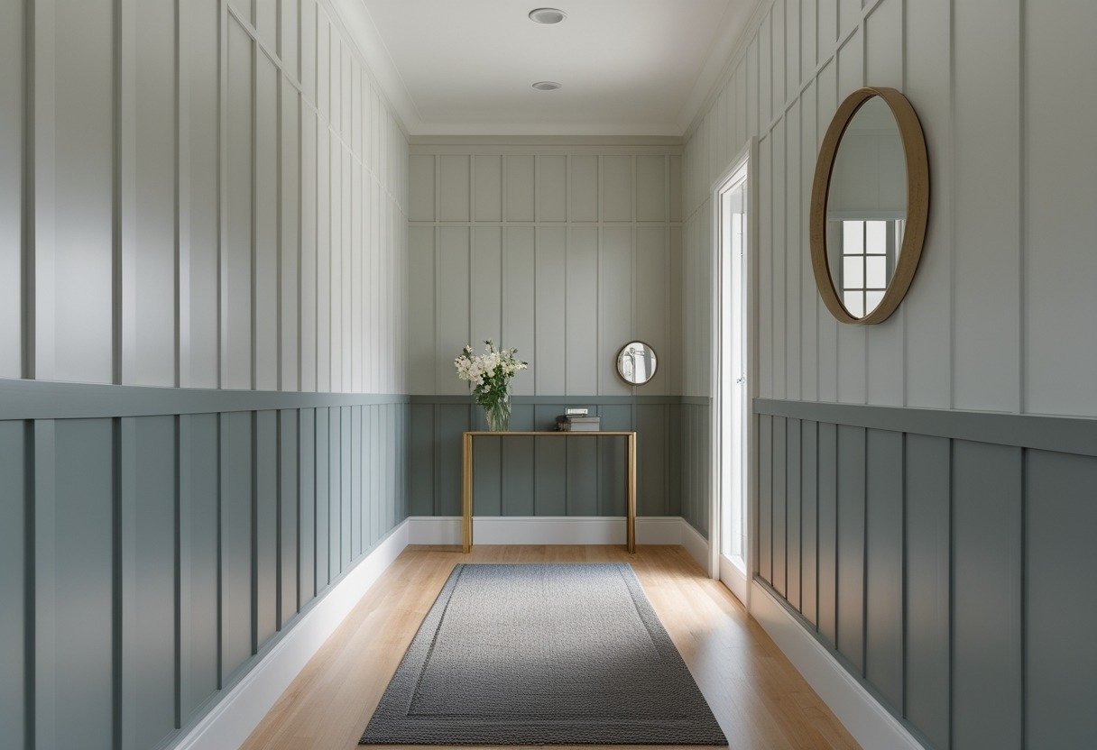A bright hallway with vertical wooden panelling painted in two different colors, featuring a hardwood floor and a small table with flowers.