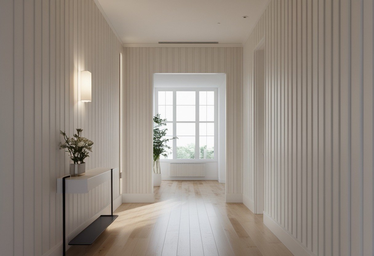 A bright hallway with vertical wooden panels extending from floor to ceiling, a polished hardwood floor, and simple decor including a small table with flowers.