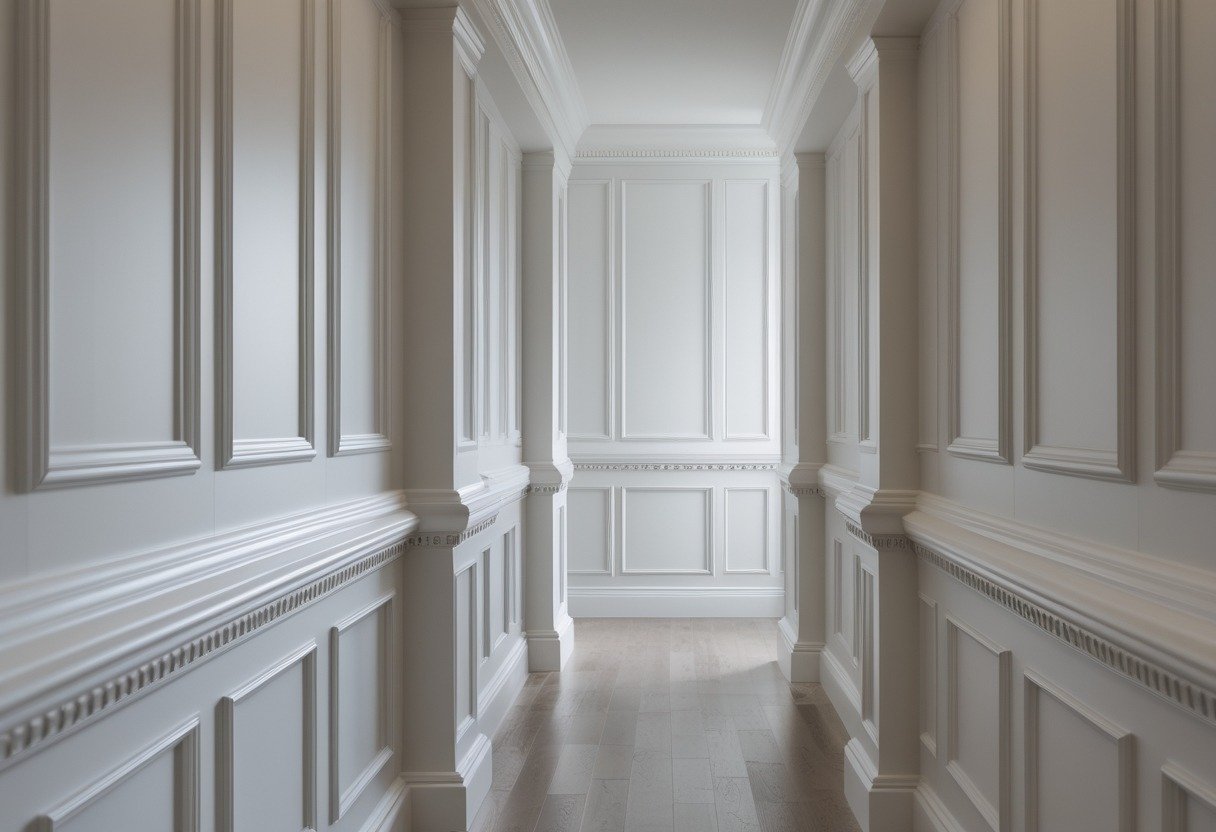 A hallway with white moulded panelling and decorative trim on the walls, featuring polished hardwood flooring and soft natural lighting.