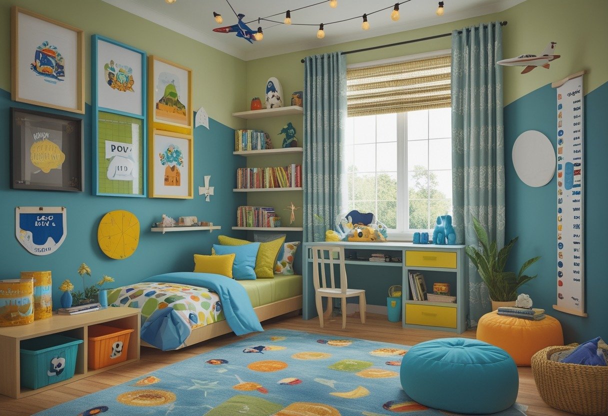 A boys' bedroom with colorful bedding, shelves of toys and books, a reading nook, a small desk, wall decorations, and playful storage bins.