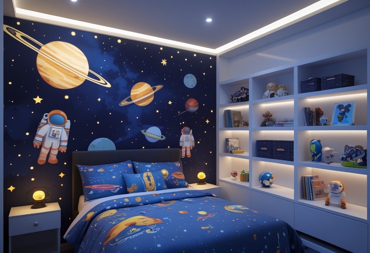 A boys' bedroom with a space-themed mural on the wall and glow-in-the-dark stars, featuring a bed with space-themed bedding and shelves with toys.