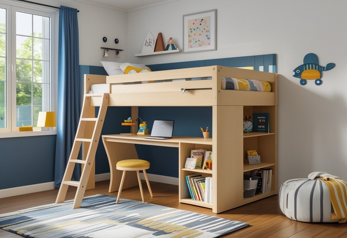 A boys' bedroom with a loft bed that has a built-in desk underneath, featuring toys and books in a bright, organized space.