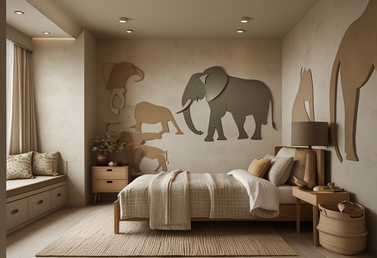 A boys' bedroom with neutral colors, safari animal wall decals, wooden furniture, and cozy bedding.