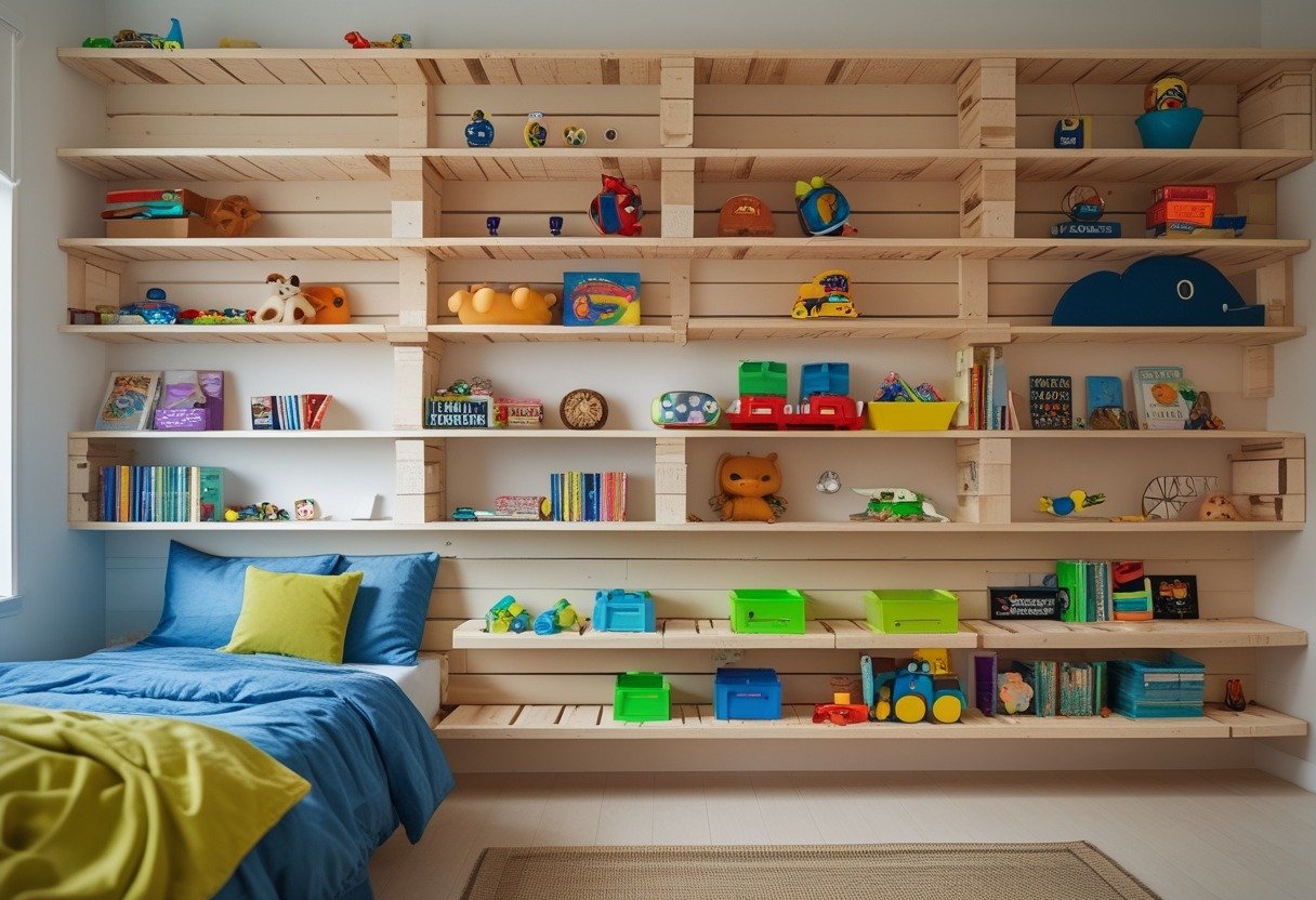 A boys' bedroom with wooden pallet shelves holding toys and books, a bed with blue and green bedding, and a small rug on the floor.