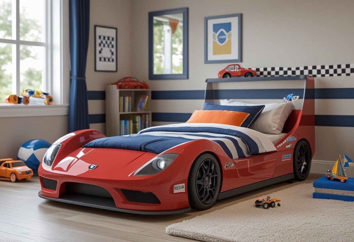 A boys' bedroom with a red racing-car bed frame and playful decor including toys and books.