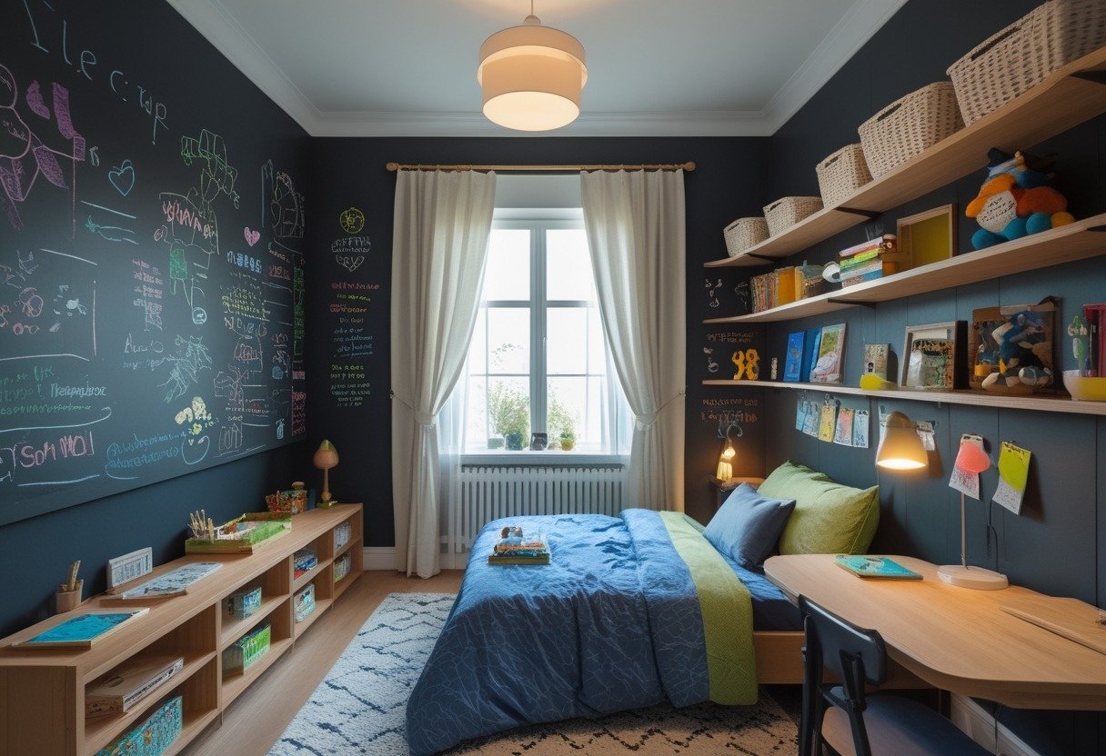 A boys' bedroom with a chalkboard wall covered in colorful drawings, a bed, desk, shelves with toys, and natural light coming through a window.