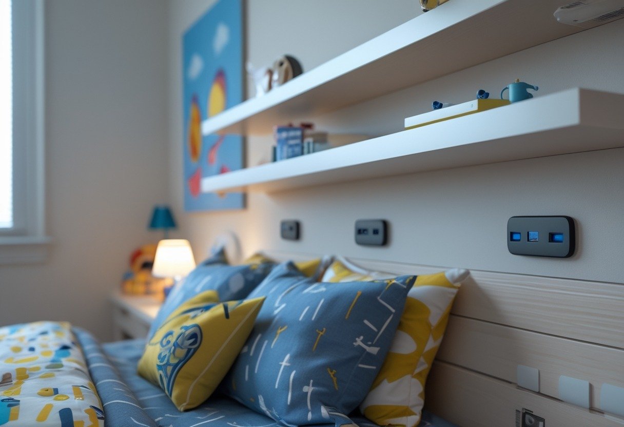 A boys' bedroom with a bed and floating bedside shelves that have built-in USB ports, holding books and a clock.