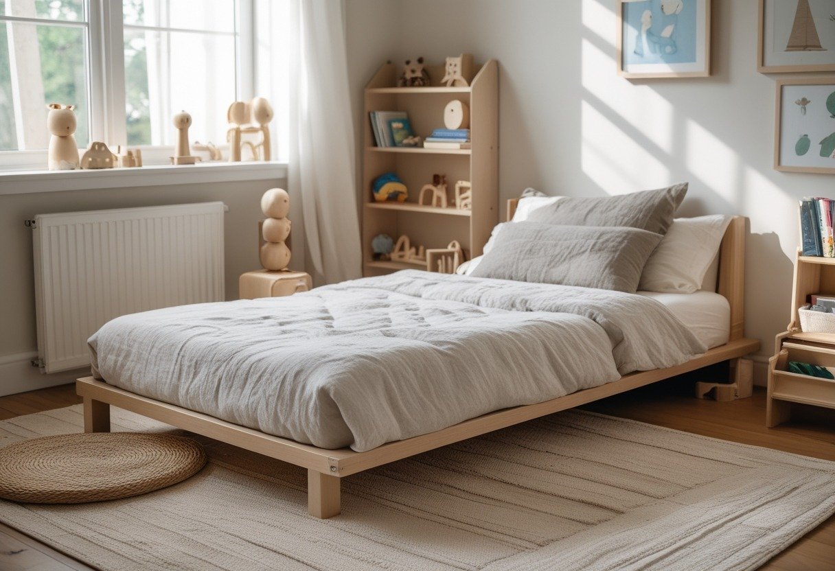A boys' bedroom with a low wooden Montessori floor bed covered in soft linen bedding, surrounded by toys and books in a bright, inviting room.