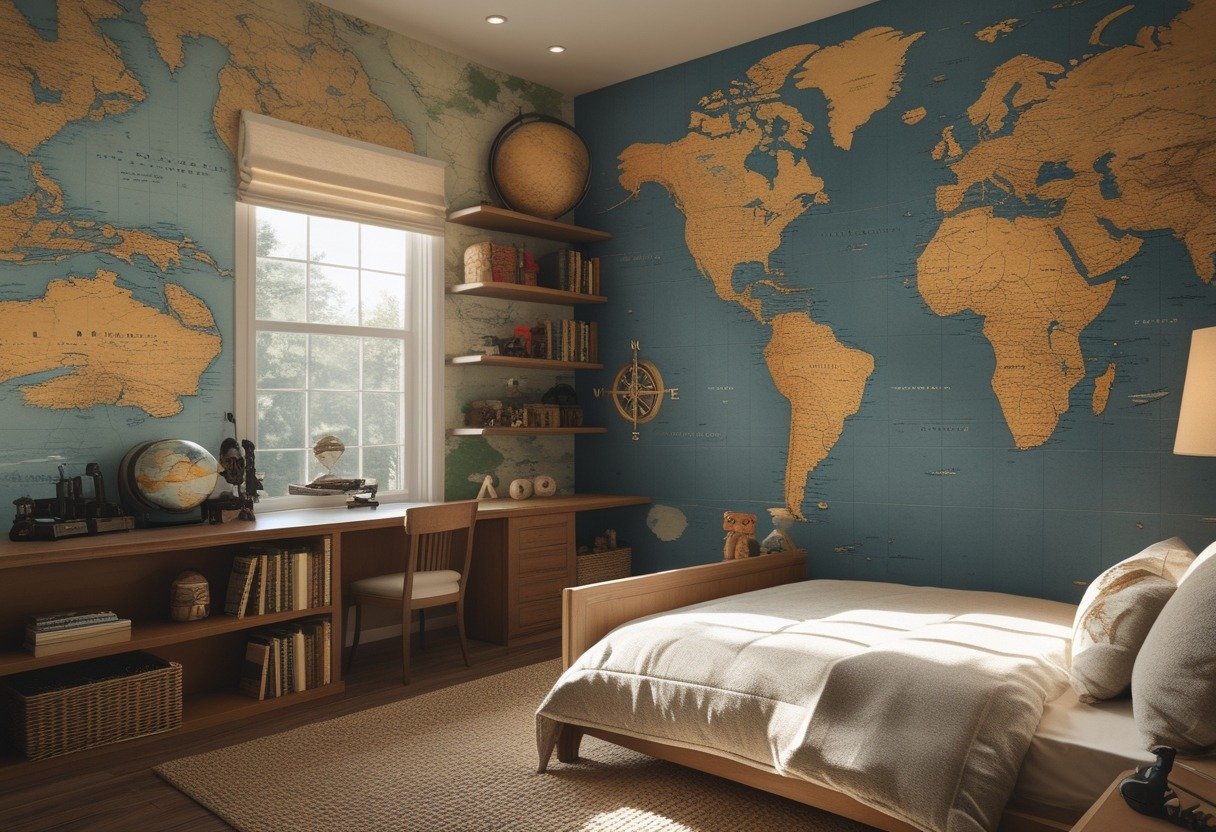 A boys' bedroom with vintage map wallpaper, a bed, wooden furniture, and explorer-themed decorations.