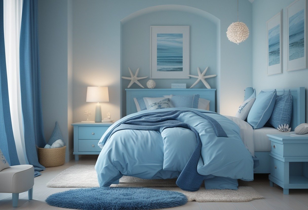 A boys' bedroom with ocean blue bedding and matching rug, featuring light wooden furniture and soft natural lighting.