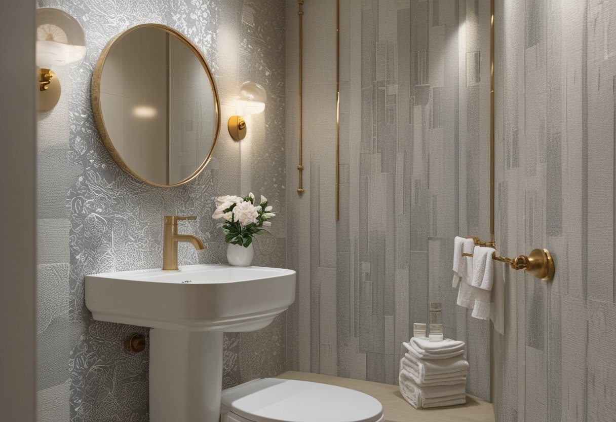 A small bathroom with a white sink, round mirror, and several different wallpaper patterns on the walls.