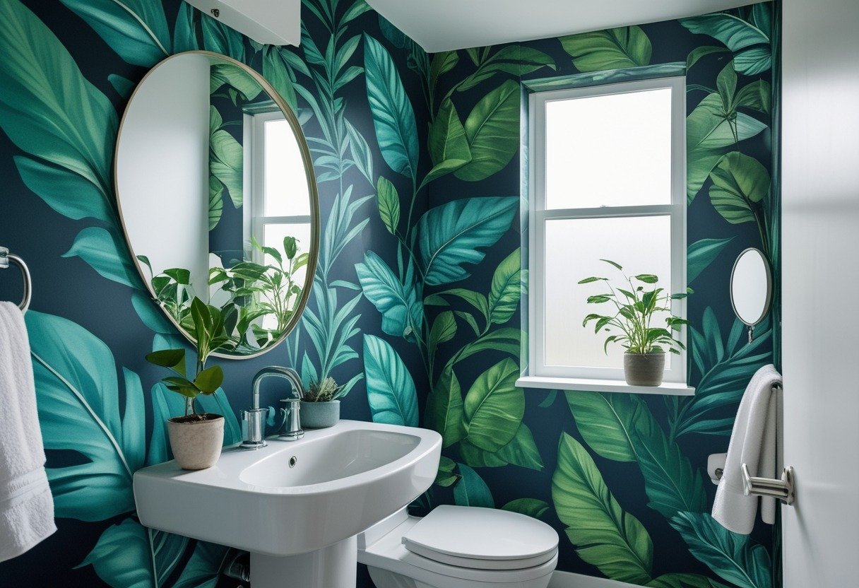 A powder room with a white sink and a wall covered in large tropical leaf wallpaper.