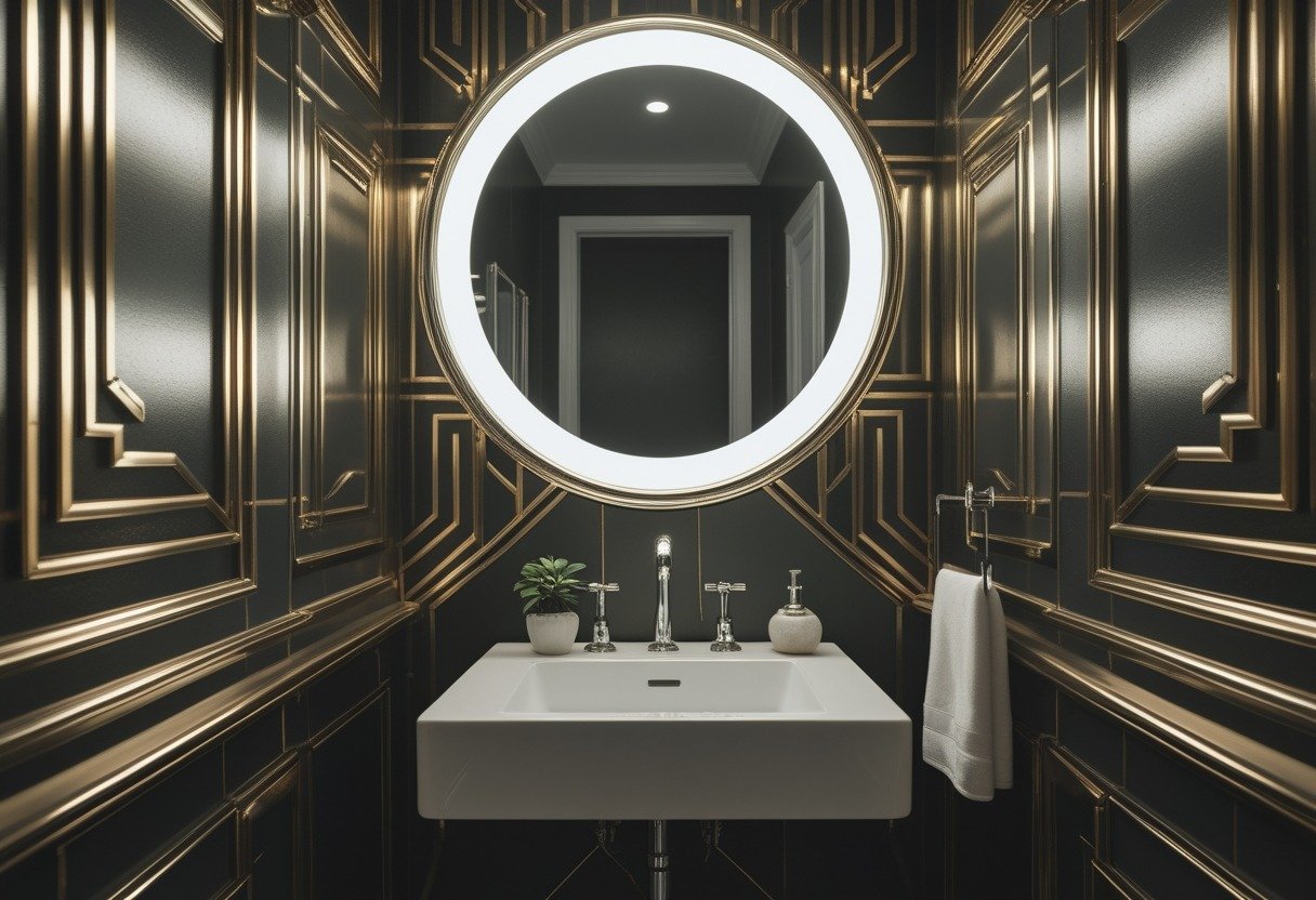 A small bathroom with a white pedestal sink, round mirror, and metallic geometric patterned wallpaper in gold and silver tones.