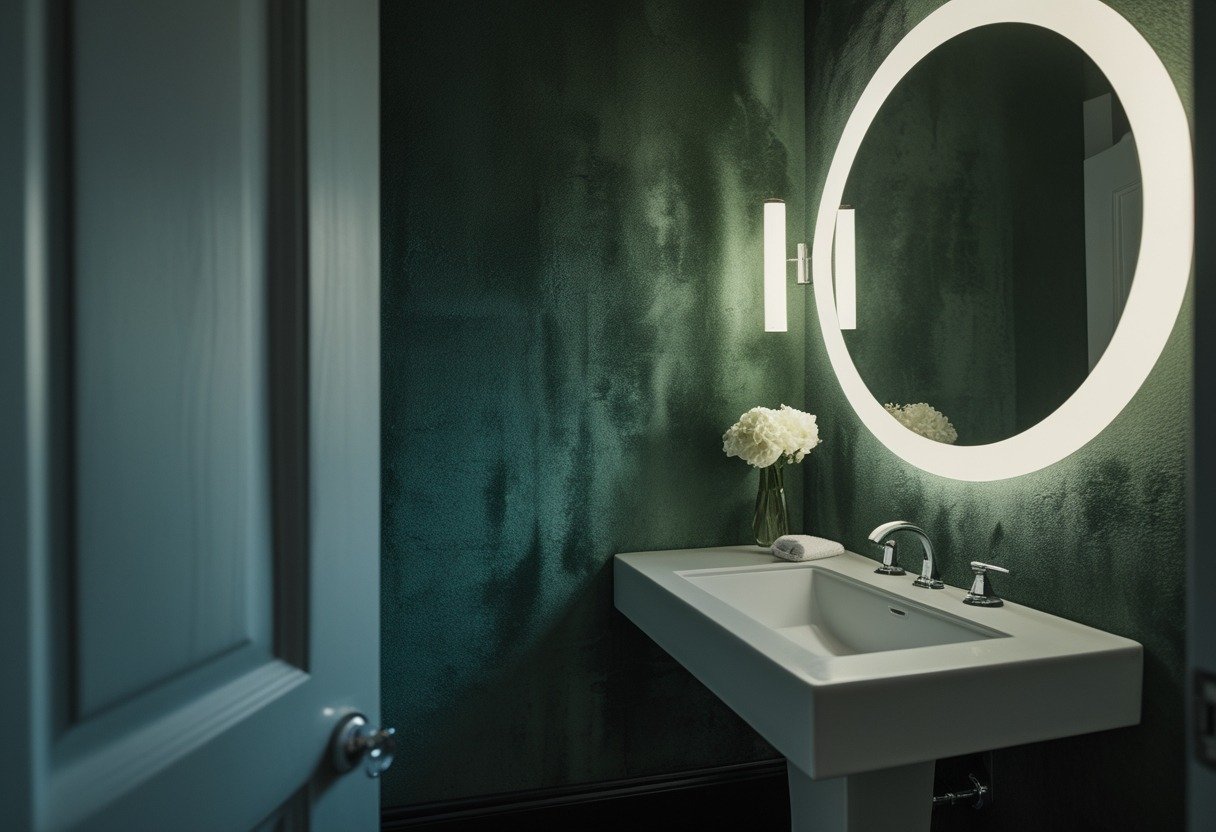 A powder room with dark green velvet wallpaper, a white pedestal sink, a round mirror, and a small vase with white flowers.