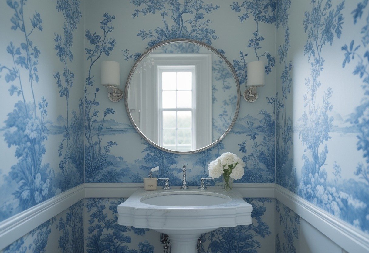 A powder room with a white pedestal sink, round mirror, fresh flowers on a countertop, and blue patterned wallpaper.
