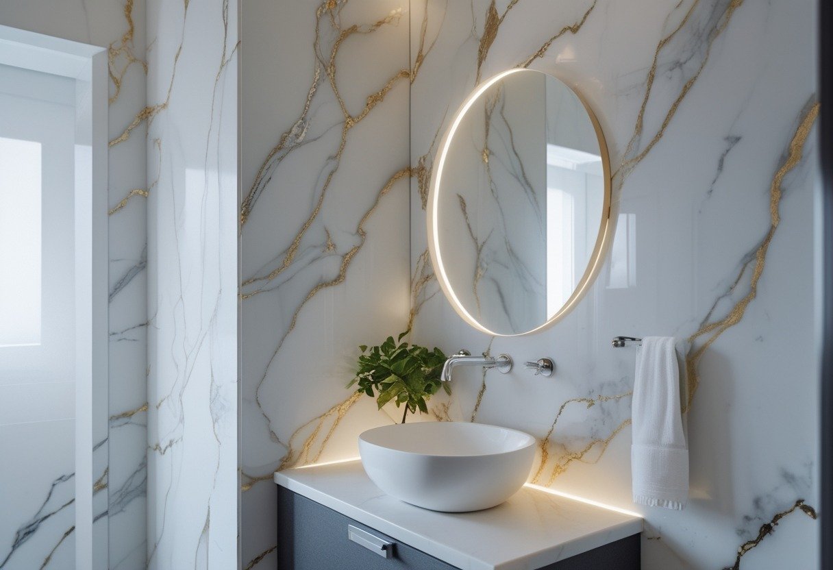 A powder room with a white sink, round mirror, and a wall covered in large marble vein wallpaper.