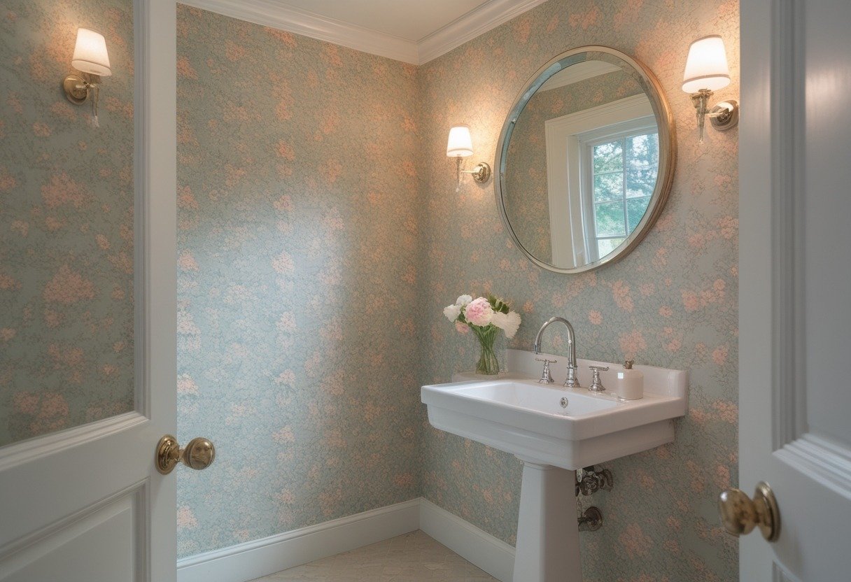 A small bathroom with floral patterned wallpaper, a white sink, a round mirror, and a vase with flowers on the counter.