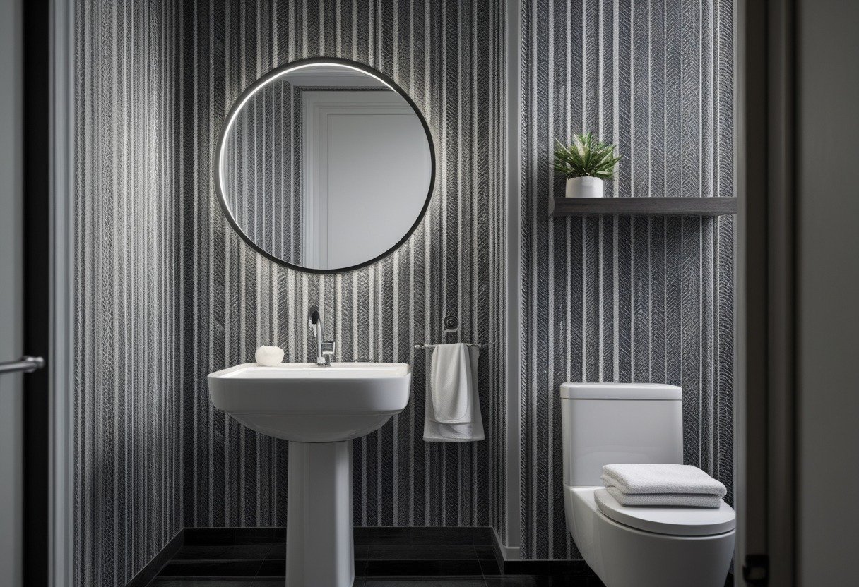 A small bathroom with a white sink, round mirror, and black and white patterned wallpaper on the walls.