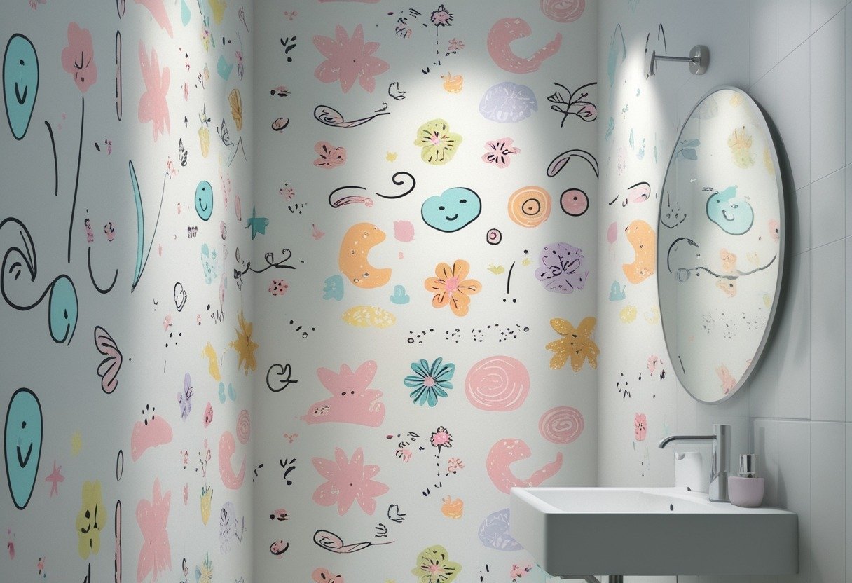 A powder room wall covered with a pastel-colored wallpaper featuring playful doodle patterns, alongside a white sink and a round mirror.