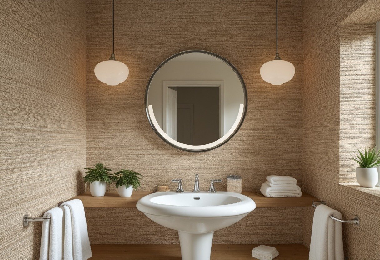 A powder room with textured natural hemp grasscloth wallpaper, a white pedestal sink, a round mirror, and a small green plant on a wooden shelf.