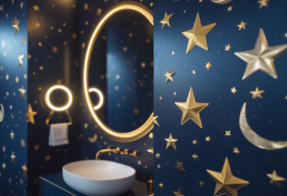 A powder room with navy blue wallpaper decorated with gold stars and moons, featuring a white sink, gold faucet, and round mirror.